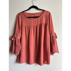 LOFT Women's Blouse M Coral Pink Bell Flared Sleeves Boho Feminine Romantic Top